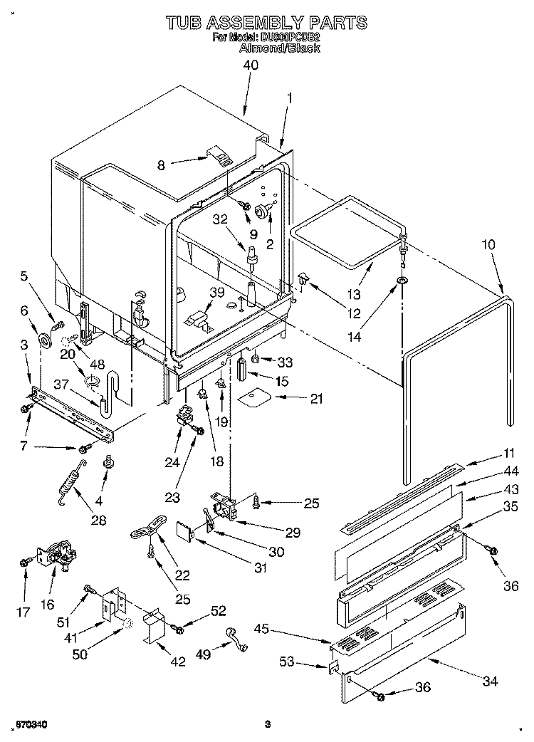 TUB ASSEMBLY Diagram and Parts List for DU900PCDB2  Whirlpool Dishwasher