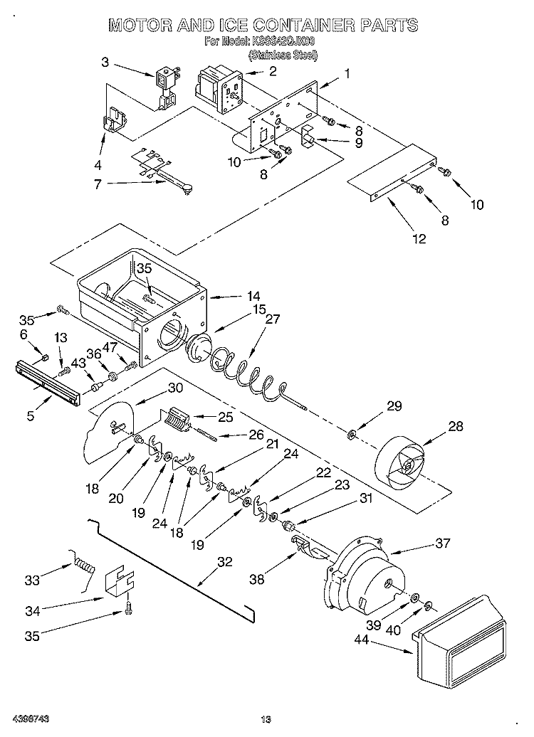 MOTOR AND ICE CONTAINER Diagram and Parts List for KSSS42QJX00  KitchenAid Refrigerator