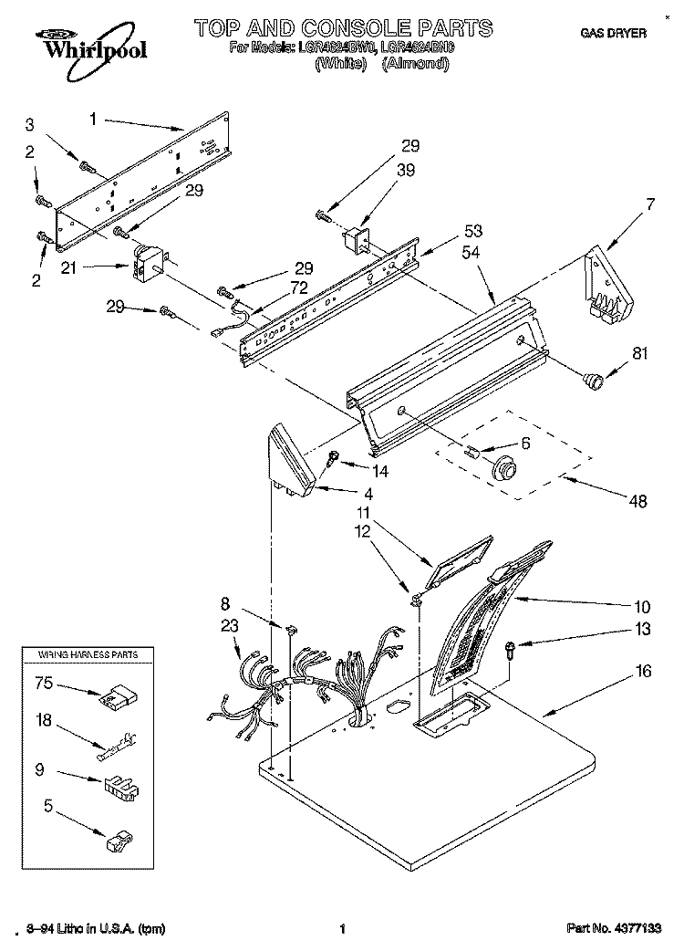 TOP AND CONSOLE, LIT/OPTIONAL Diagram and Parts List for LGR4624BN0  Whirlpool Dryer