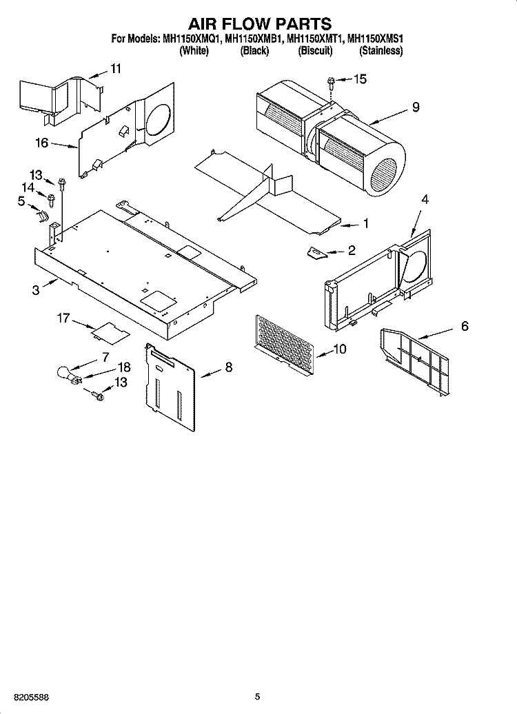 AIR FLOW PARTS Diagram and Parts List for MH1150XMB1  Whirlpool Microwave
