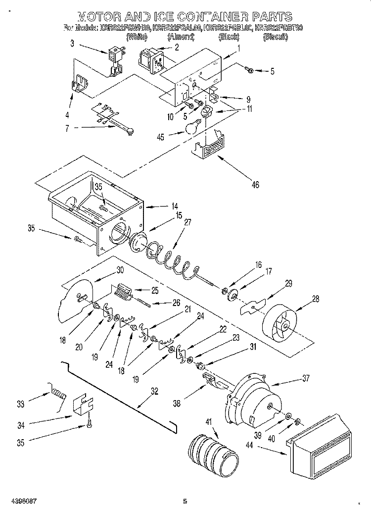 MOTOR AND ICE CONTAINER Diagram and Parts List for KSRS22FGAL00  KitchenAid Refrigerator