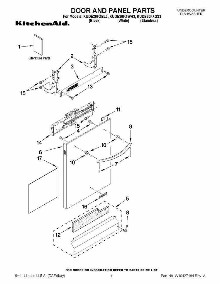 DOOR AND PANEL PARTS Diagram and Parts List for KUDE20FXSS3  KitchenAid Dishwasher