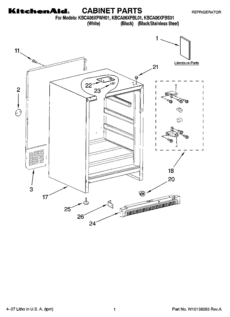 CABINET PARTS Diagram and Parts List for KBCA06XPBL01  KitchenAid Refrigerator