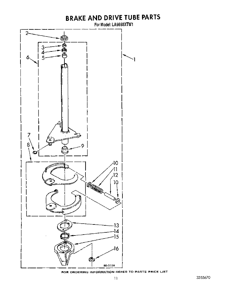 BRAKE AND DRIVE TUBE Diagram and Parts List for LA5668XTF1  Whirlpool Washer