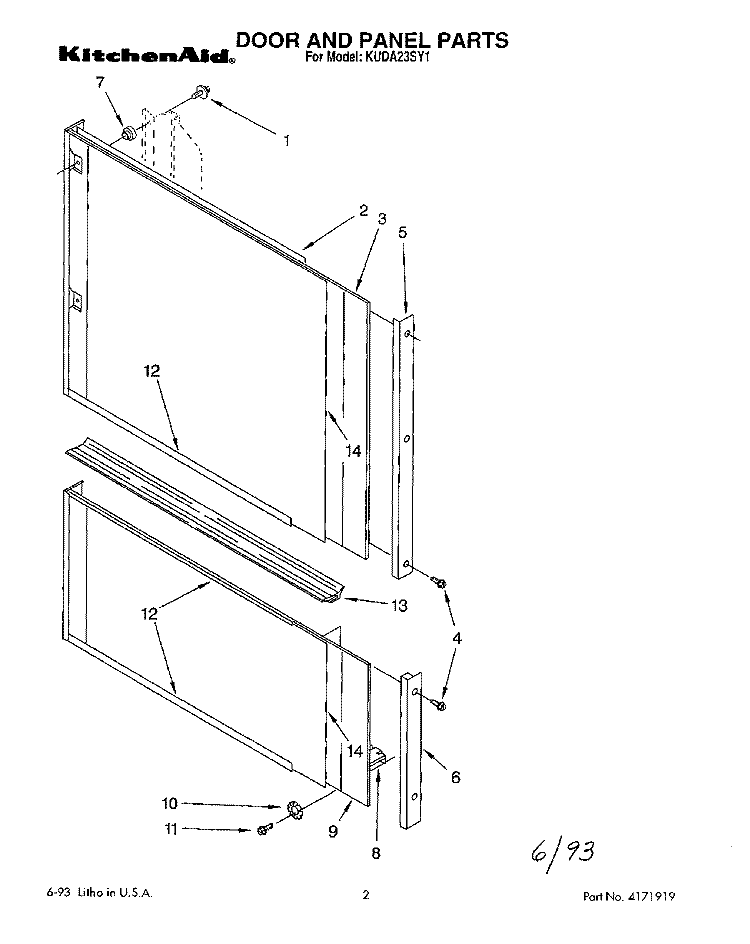 DOOR AND PANEL Diagram and Parts List for KUDA23SY1  KitchenAid Dishwasher