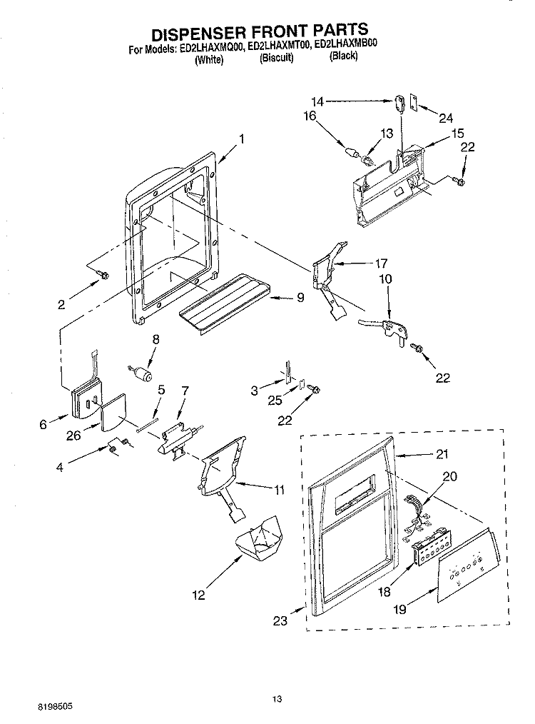 DISPENSER FRONT PARTS Diagram and Parts List for ED2LHAXMT00  Whirlpool Refrigerator