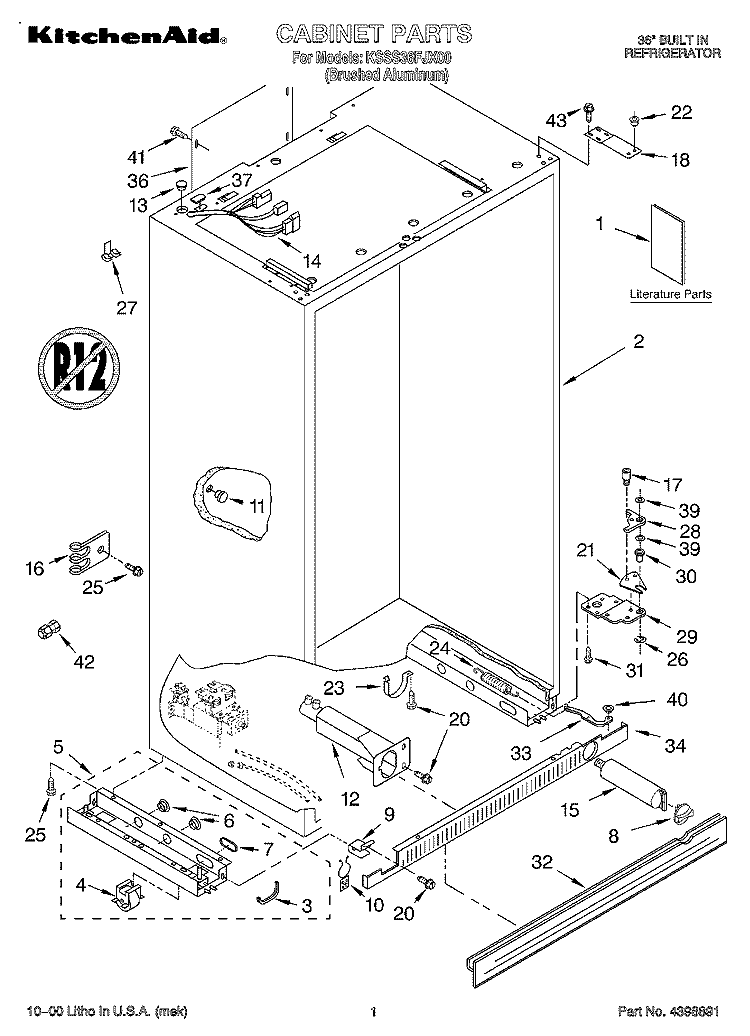 CABINET, LITERATURE Diagram and Parts List for KSSS36FJX00  KitchenAid Refrigerator