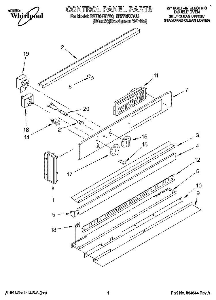 CONTROL PANEL, LITERATURE Diagram and Parts List for RB770PXYB0  Whirlpool Wall Oven