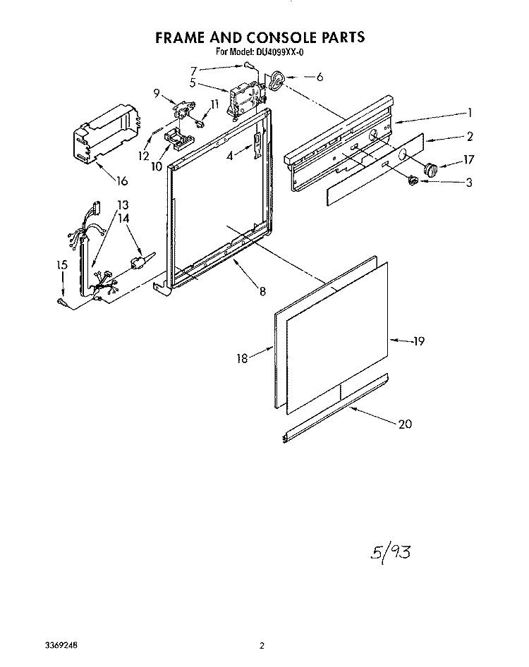 FRAME AND CONSOLE Diagram and Parts List for DU4099XX0  Whirlpool Dishwasher