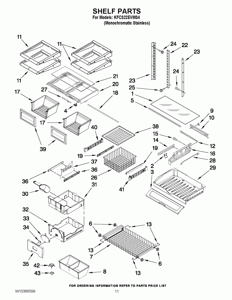 SHELF PARTS Diagram and Parts List for KFCS22EVMS4  KitchenAid Refrigerator