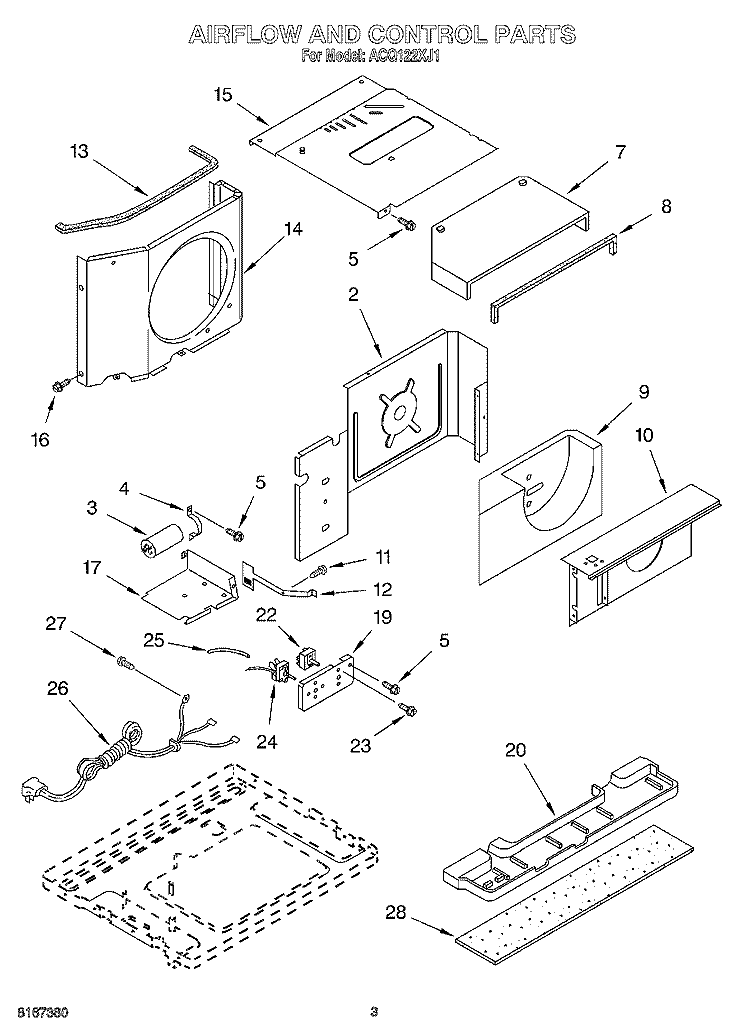 AIRFLOW AND CONTROL Diagram and Parts List for ACQ122XJ1  Whirlpool Air Conditioner