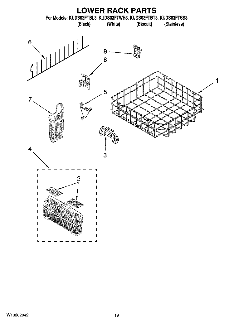 LOWER RACK PARTS Diagram and Parts List for KUDS03FTSS3  KitchenAid Dishwasher