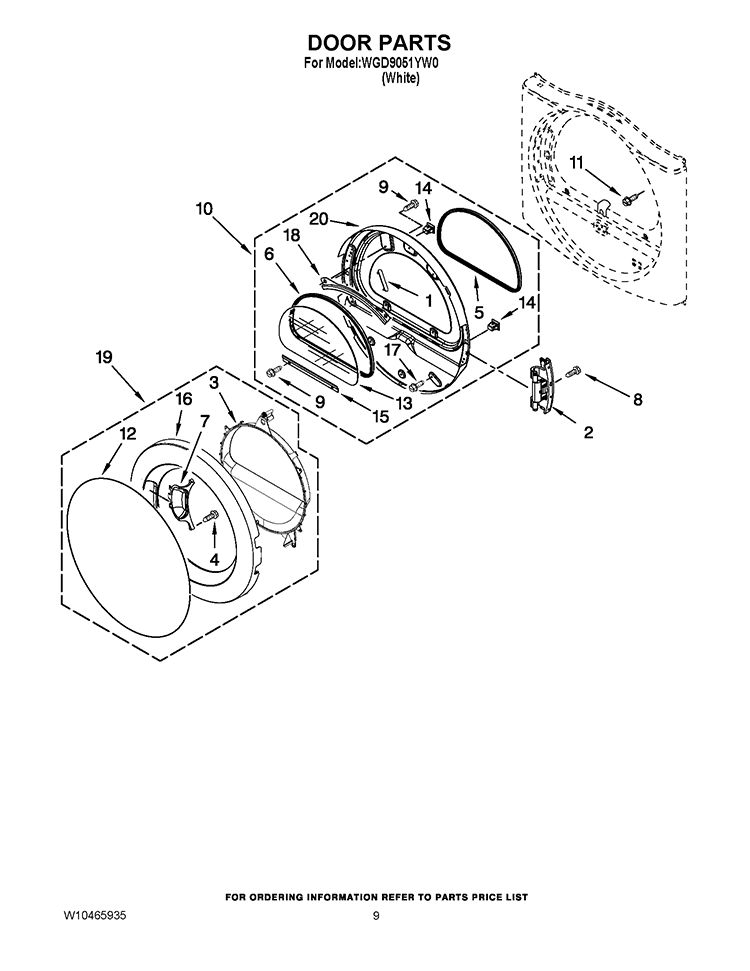 DOOR PARTS Diagram and Parts List for WGD9051YW0  Whirlpool Dryer