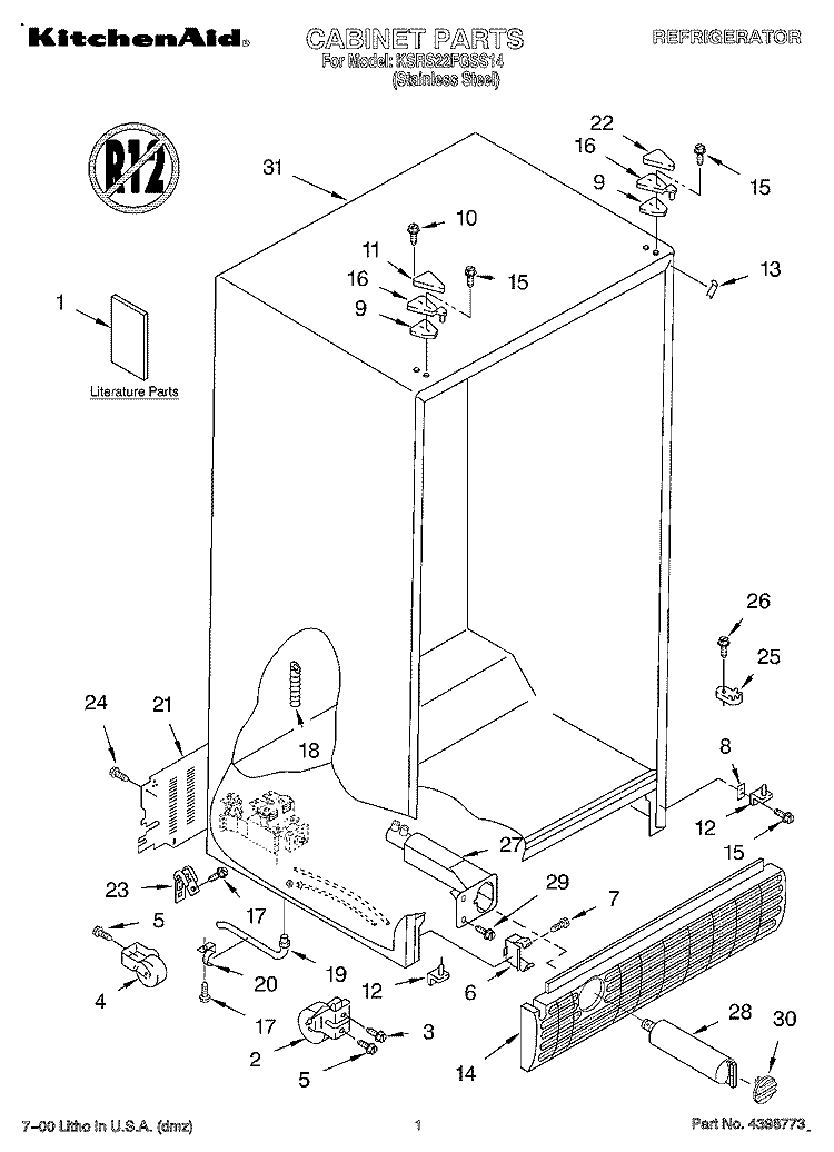 CABINET, LITERATURE Diagram and Parts List for KSRS22FGSS14  KitchenAid Refrigerator