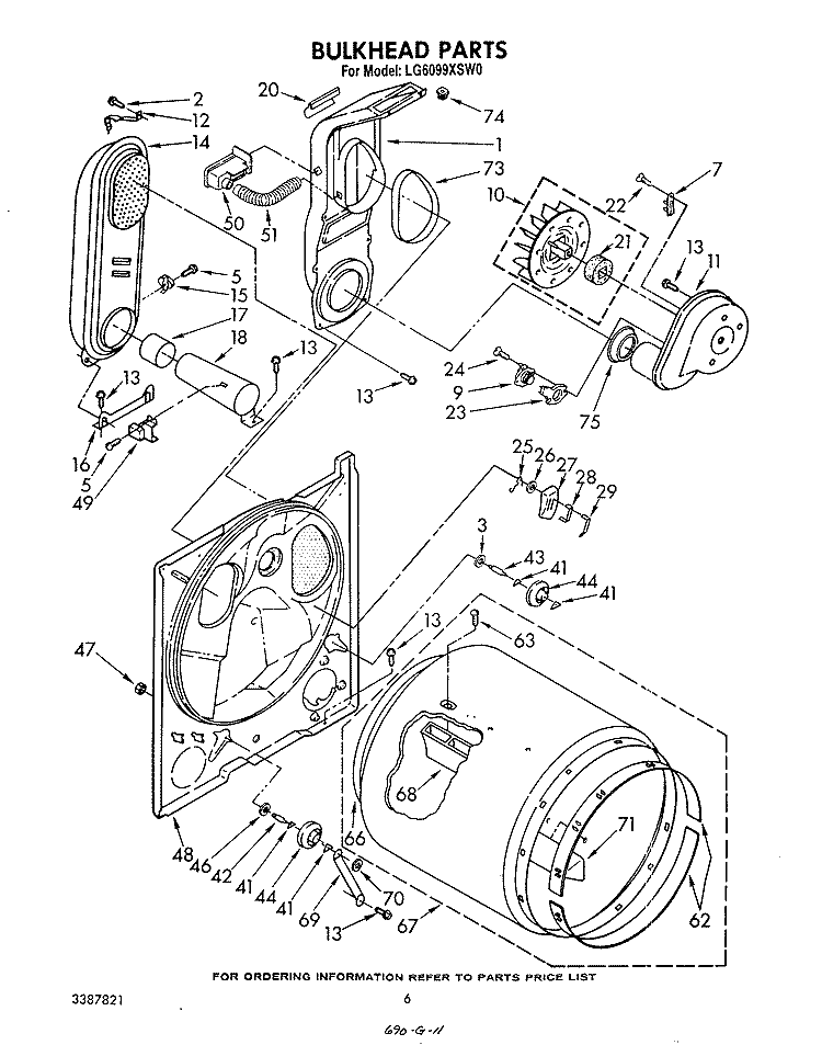 BULKHEAD Diagram and Parts List for LG6099XSW0  Whirlpool Dryer