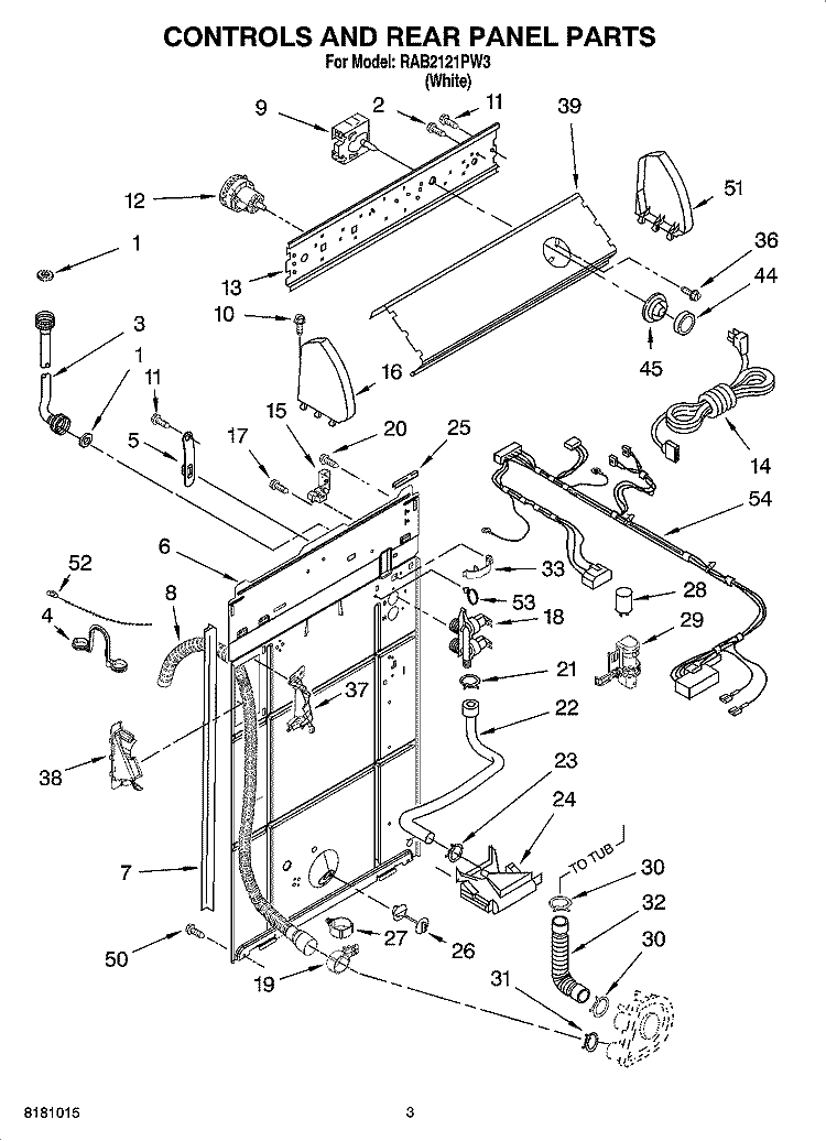 CONTROL AND REAR PANEL PARTS Diagram and Parts List for RAB2121PW3  Roper Washer