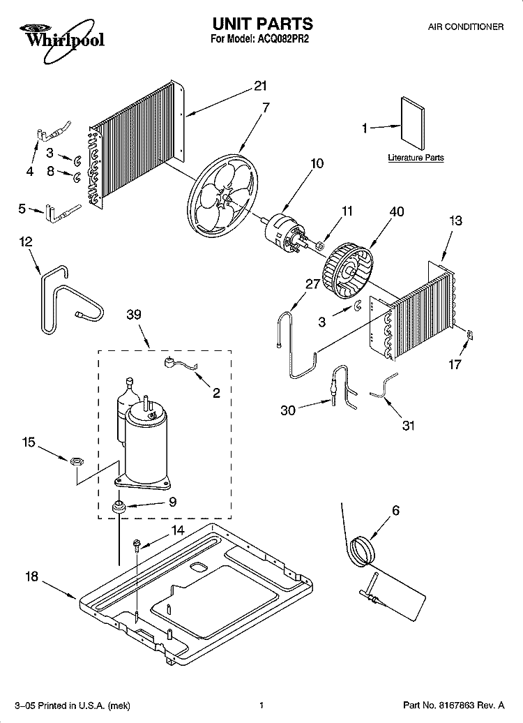 UNIT PARTS Diagram and Parts List for ACQ082PR2  Whirlpool Air Conditioner