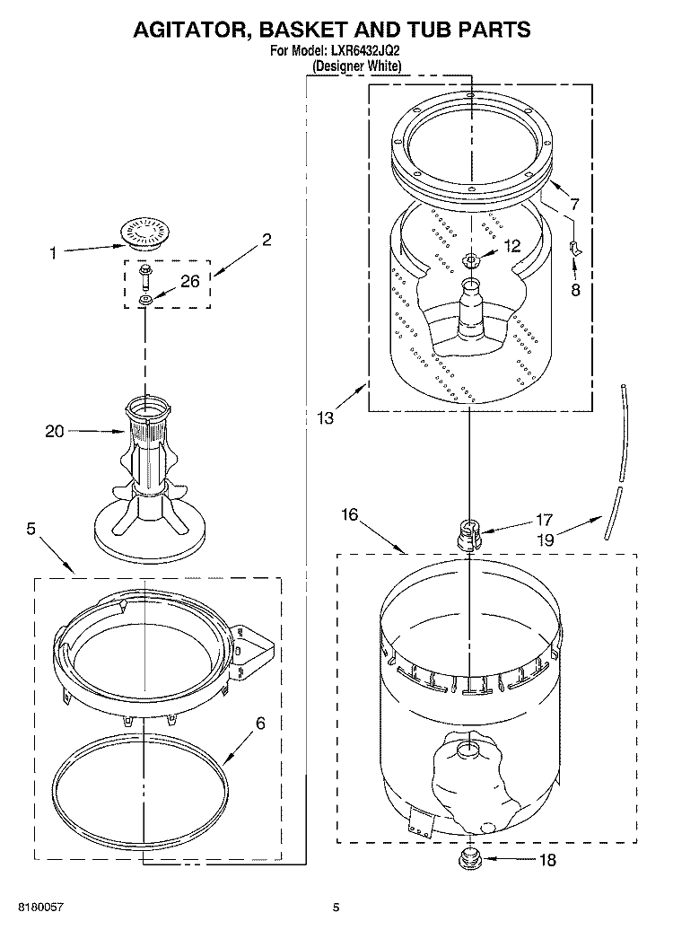 AGITATOR, BASKET AND TUB PARTS Diagram and Parts List for LXR6432JQ2  Whirlpool Washer