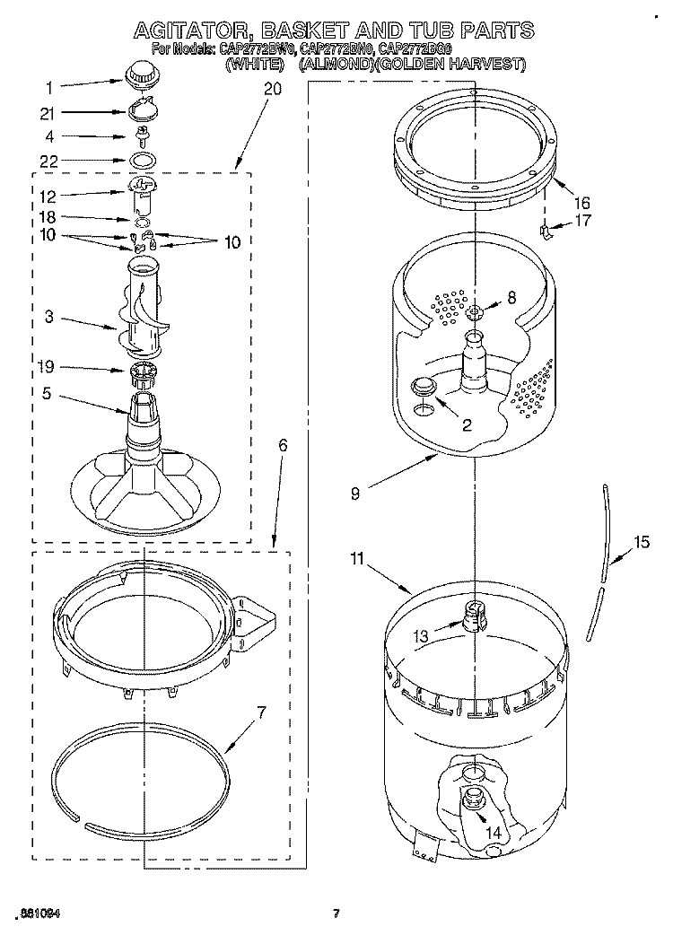 AGITATOR, BASKET AND TUB Diagram and Parts List for CAP2772BN0  Whirlpool Washer