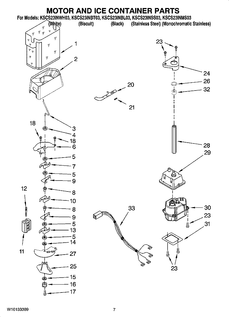 MOTOR AND ICE CONTAINER PARTS Diagram and Parts List for KSCS23INBT03  KitchenAid Refrigerator