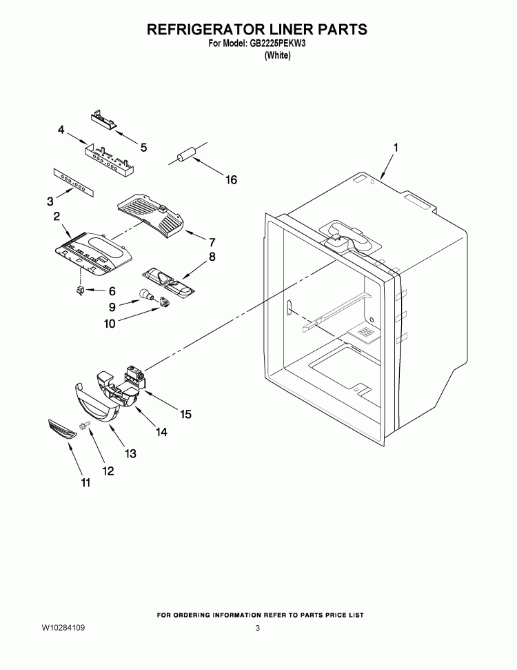 REFRIGERATOR LINER PARTS Diagram and Parts List for GB2225PEKW3  Whirlpool Refrigerator