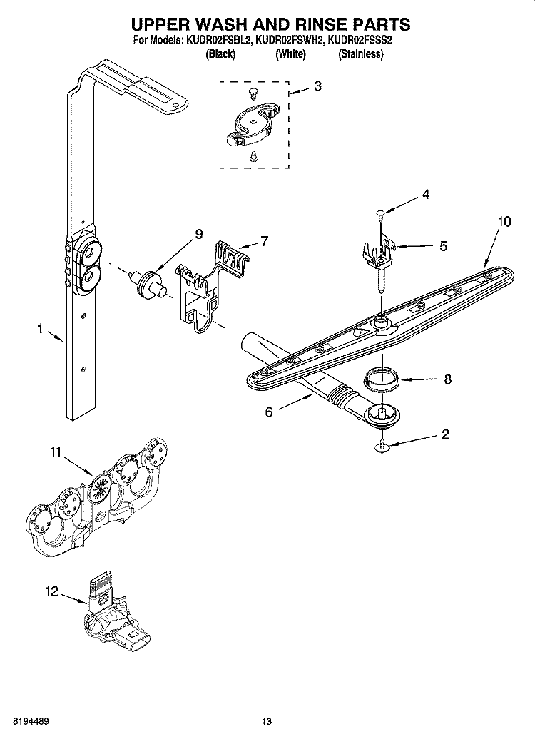 UPPER WASH AND RINSE PARTS Diagram and Parts List for KUDR02FSBL2  KitchenAid Dishwasher