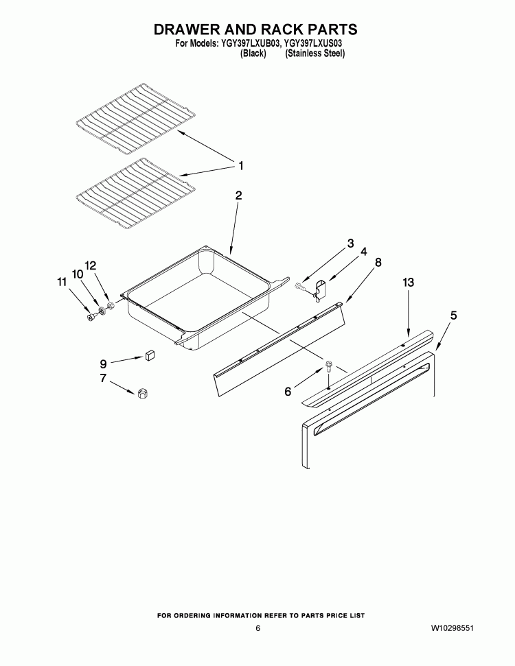 DRAWER AND RACK PARTS Diagram and Parts List for YGY397LXUB03  Whirlpool Range