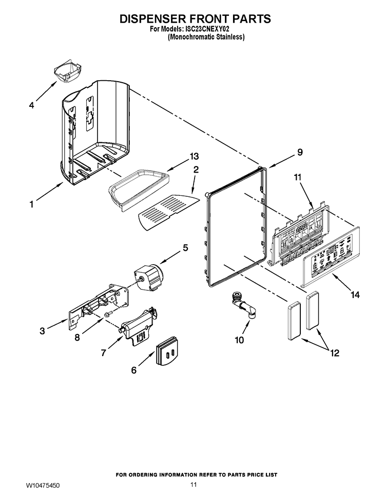 DISPENSER FRONT PARTS Diagram and Parts List for ISC23CNEXY02  Whirlpool Refrigerator