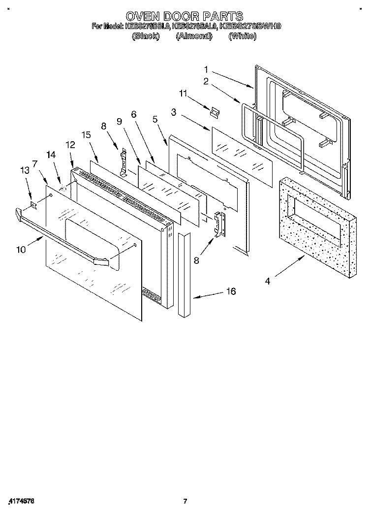 OVEN DOOR Diagram and Parts List for KEBS278BBL0  KitchenAid Wall Oven