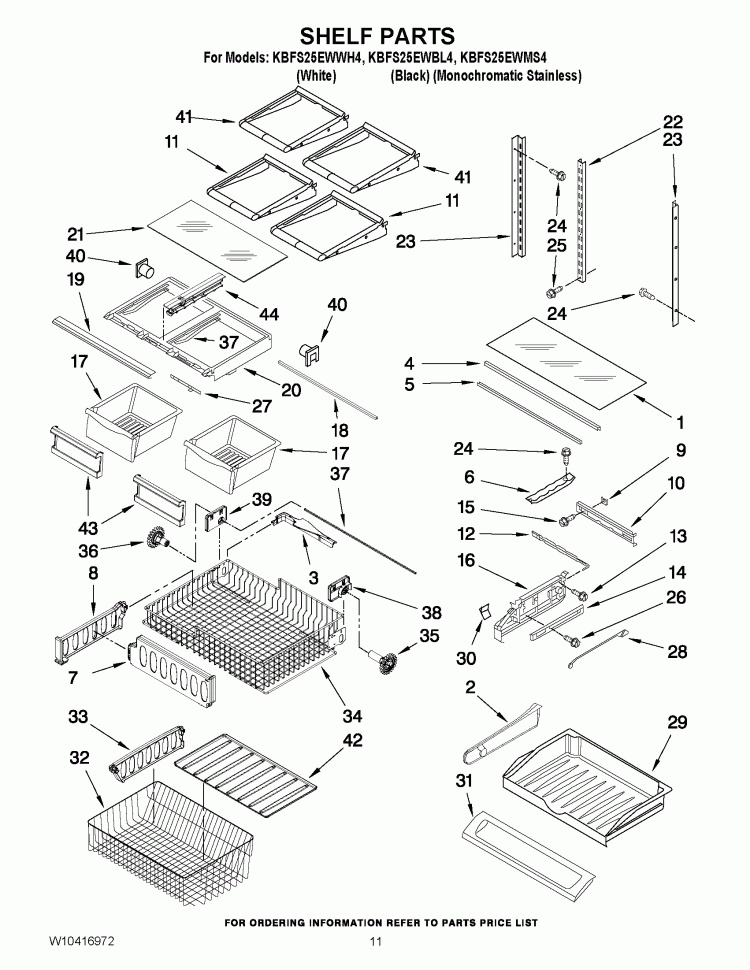 SHELF PARTS Diagram and Parts List for KBFS25EWBL4  KitchenAid Refrigerator