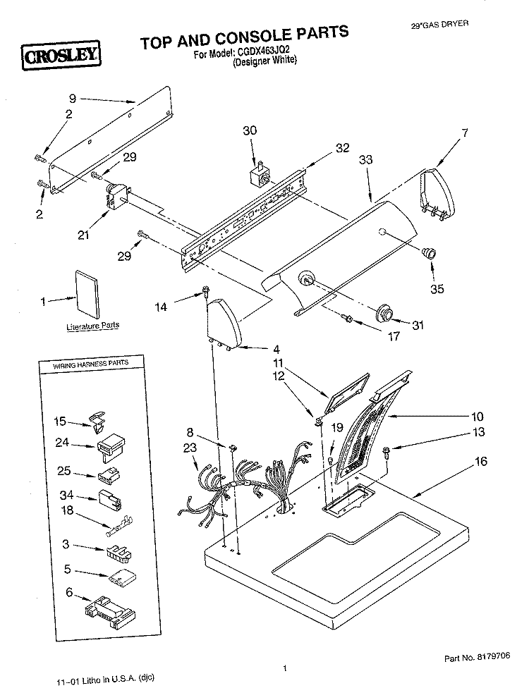 TOP AND CONSOLE, LITERATURE Diagram and Parts List for CGDX463JQ2  Crosley Dryer