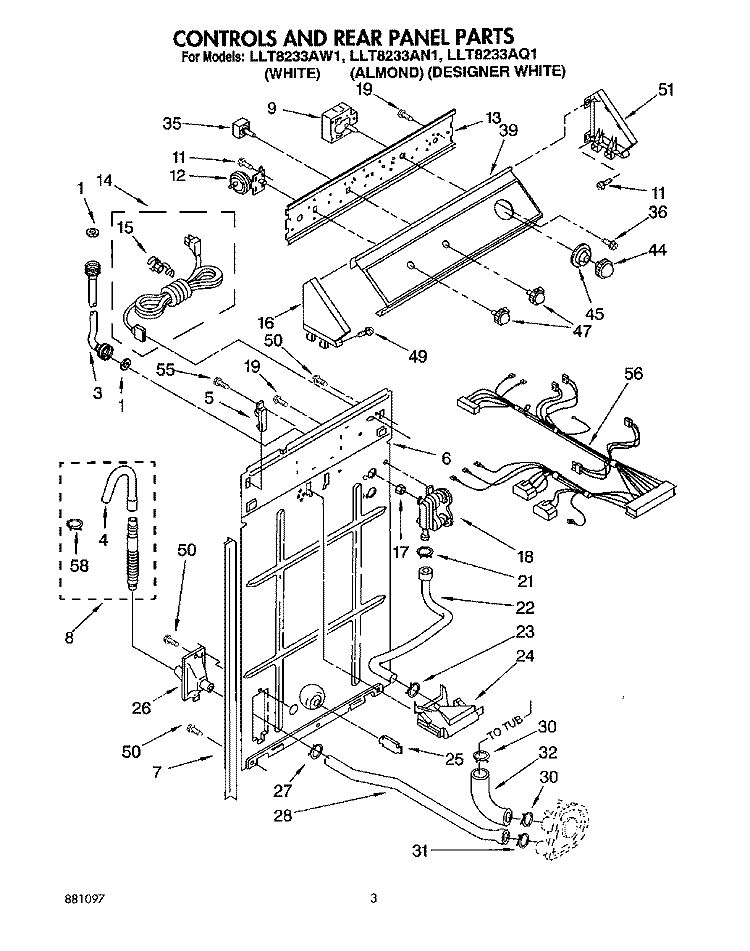 CONTROLS AND REAR PANEL Diagram and Parts List for LLT8233AQ1  Whirlpool Washer
