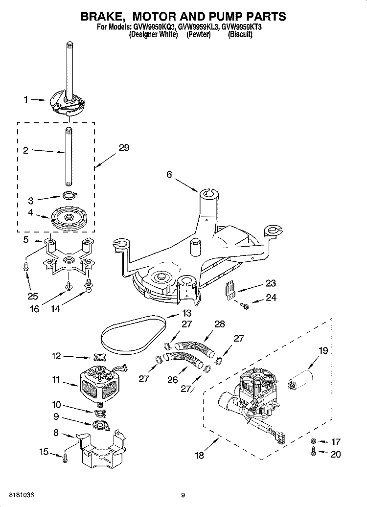 BRAKE, MOTOR AND PUMP PARTS Diagram and Parts List for GVW9959KL3  Whirlpool Washer