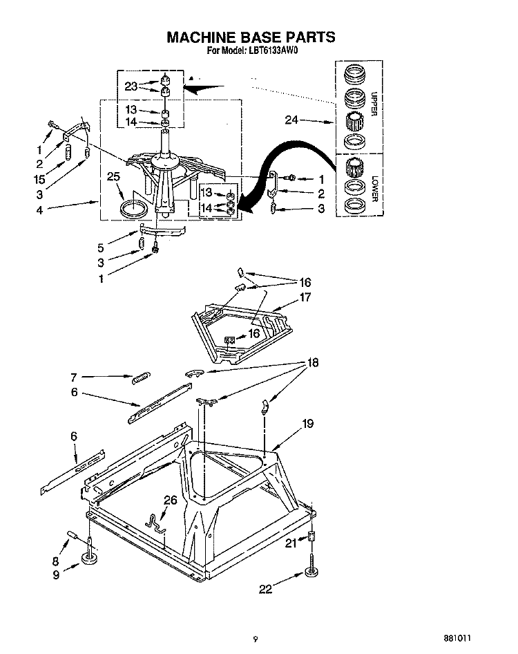 MACHINE BASE Diagram and Parts List for LBT6133AN0  Whirlpool Washer