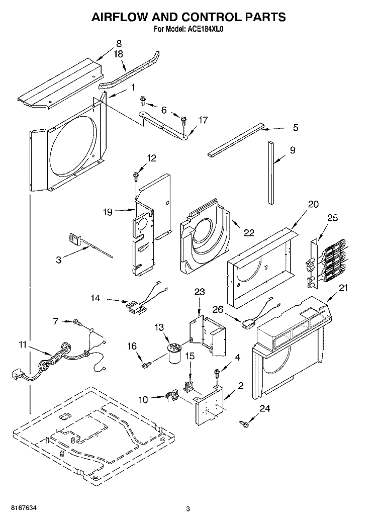 AIR FLOW AND CONTROL Diagram and Parts List for ACE184XL0  Whirlpool Air Conditioner