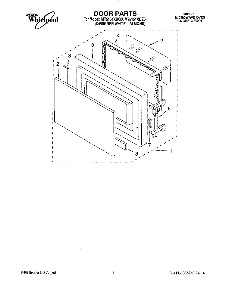 DOOR Diagram and Parts List for MT5151XDZ0  Whirlpool Microwave