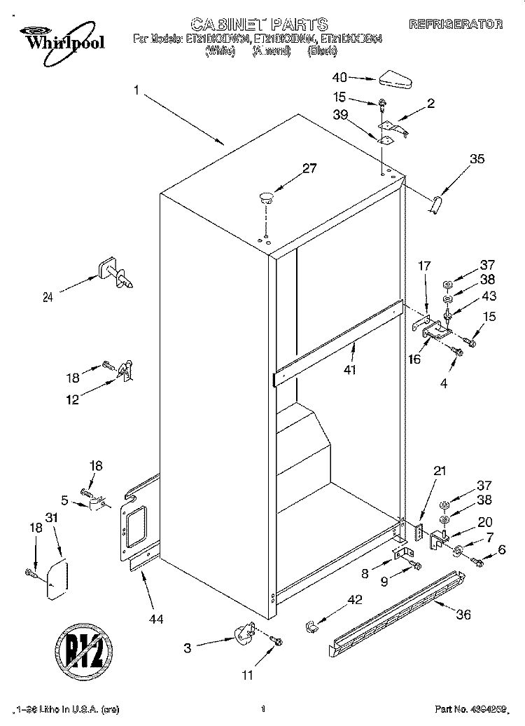 CABINET Diagram and Parts List for ET21DKXDW04  Whirlpool Refrigerator