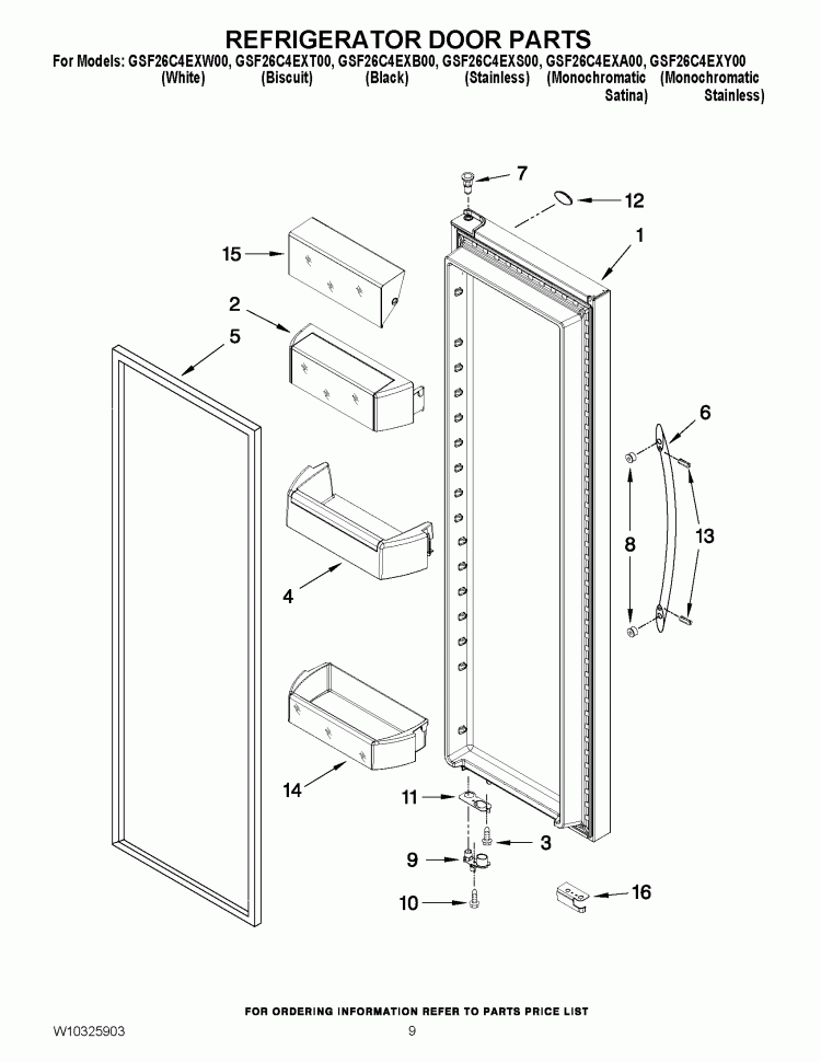REFRIGERATOR DOOR PARTS Diagram and Parts List for GSF26C4EXW00  Whirlpool Refrigerator