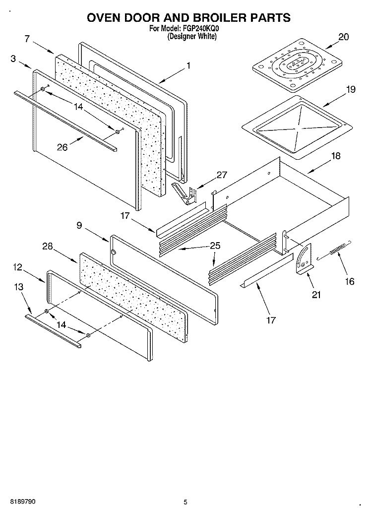 OVEN DOOR AND BROILER Diagram and Parts List for FGP240KQ0  Roper Range