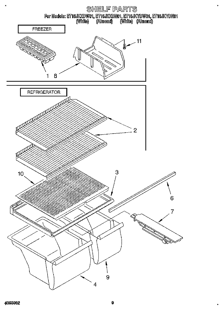 SHELF, LIT/OPTIONAL Diagram and Parts List for ET16JKXDN01  Whirlpool Refrigerator