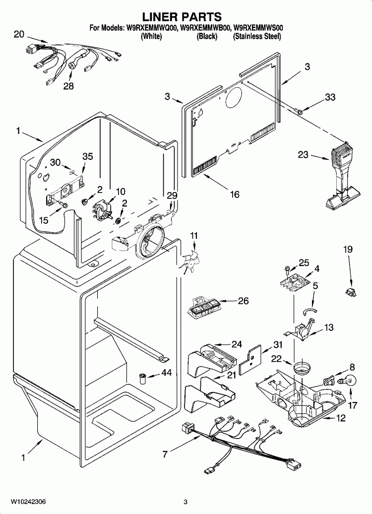 LINER PARTS Diagram and Parts List for W9RXEMMWB00  Whirlpool Refrigerator
