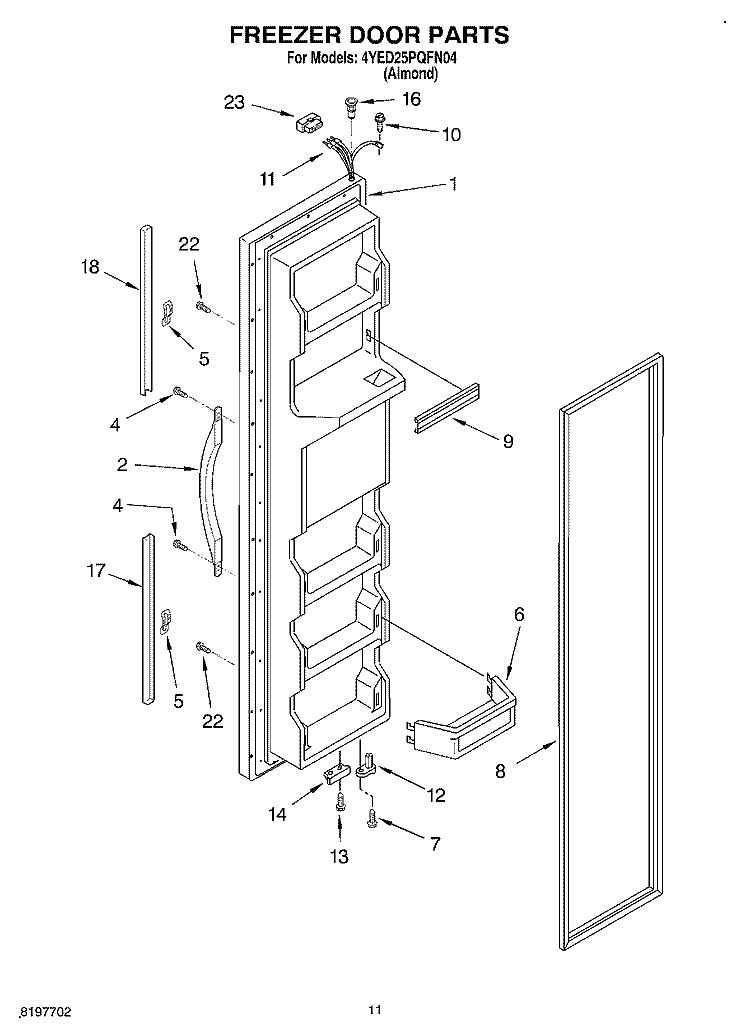 FREEZER DOOR Diagram and Parts List for 4YED25PQFN04  Whirlpool Refrigerator