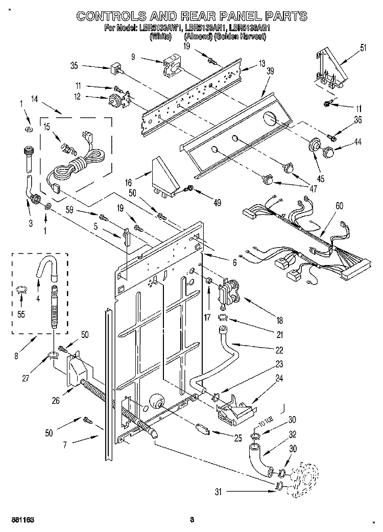 CONTROLS AND REAR PANEL Diagram and Parts List for LBR5133AN1  Whirlpool Washer