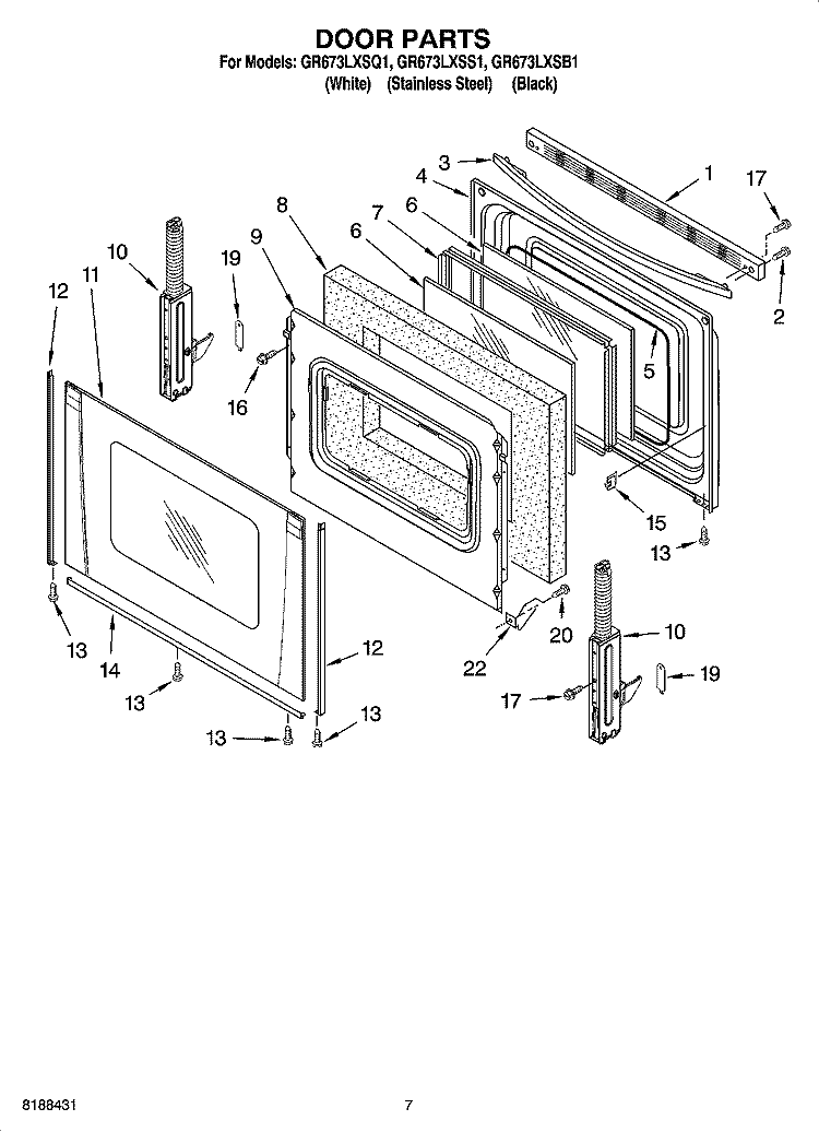 DOOR PARTS, OPTIONAL PARTS Diagram and Parts List for GR673LXSQ1  Whirlpool Range