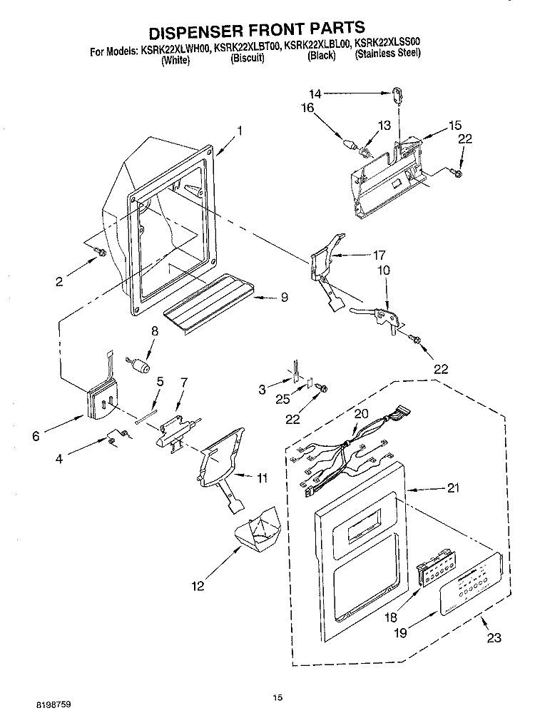 DISPENSER FRONT PARTS Diagram and Parts List for KSRK22XLBT00  KitchenAid Refrigerator