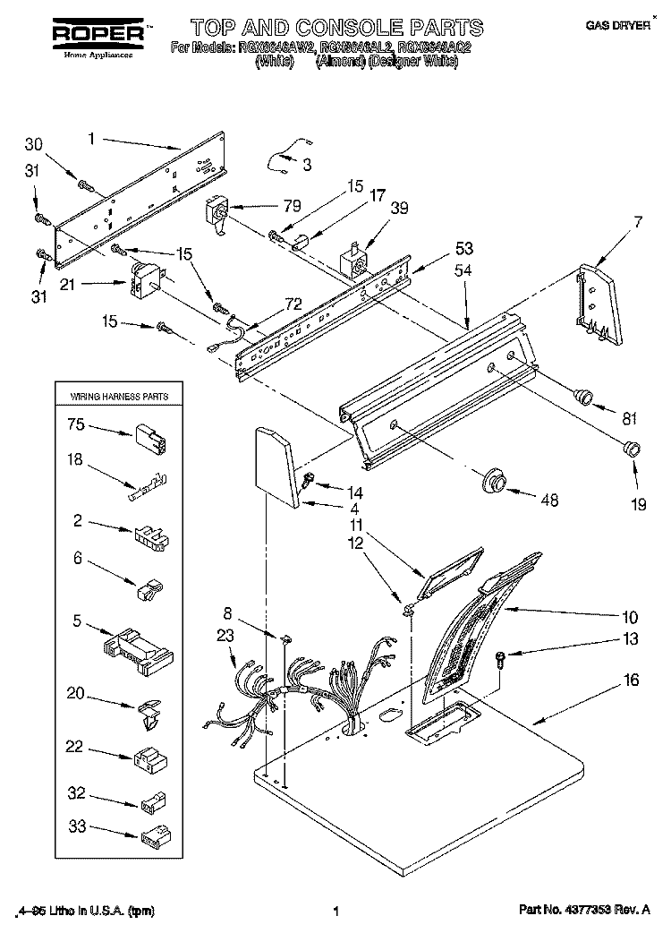 TOP AND CONSOLE, LIT/OPTIONAL Diagram and Parts List for RGX6646AQ2  Roper Dryer