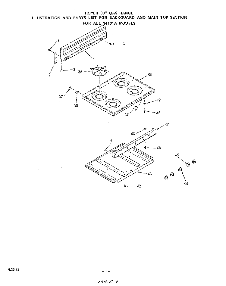 BACKGUARD AND MAIN TOP Diagram and Parts List for 1413W1A  Roper Range