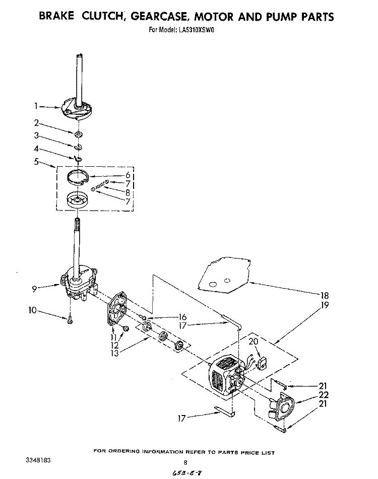 BRAKE, CLUTCH, GEARCASE, MOTOR AND PUMP Diagram and Parts List for LA5310XSW0  Whirlpool Washer