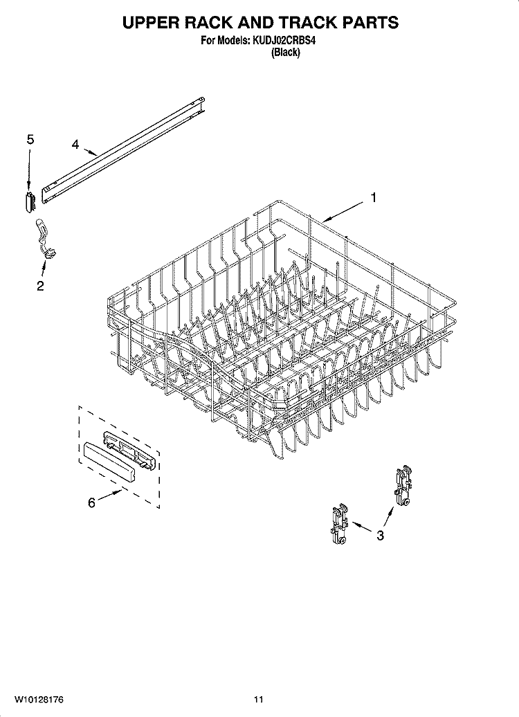 UPPER RACK AND TRACK PARTS Diagram and Parts List for KUDJ02CRBS4  KitchenAid Dishwasher