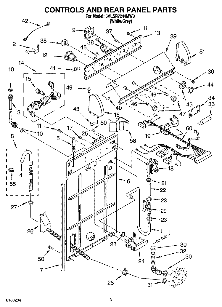 CONTROLS AND REAR PANEL PARTS Diagram and Parts List for 6ALSR7244MW0  Whirlpool Washer